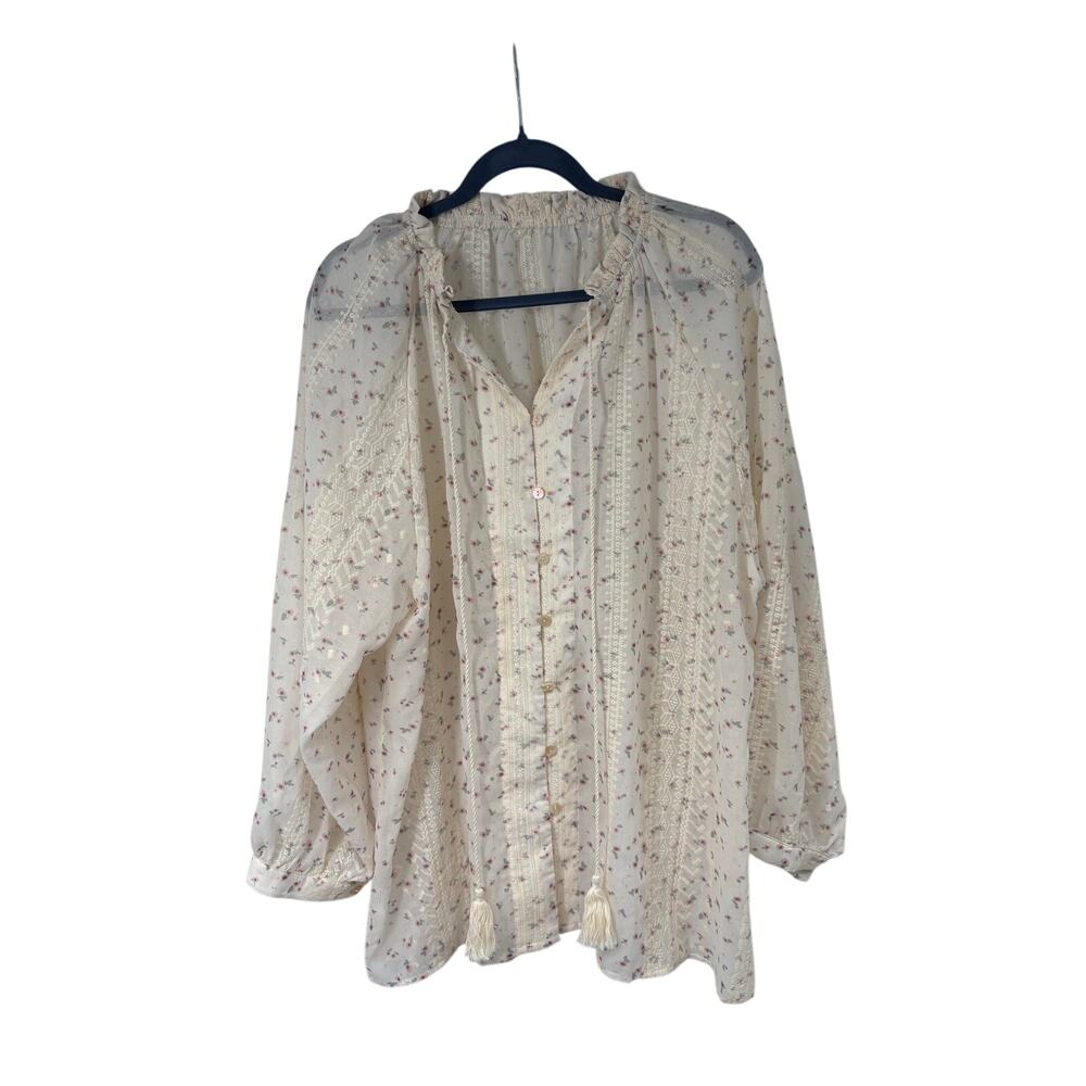 Women’s 3X Cream Dainty Floral Peasant Blouse Top Bohemian Cottagecore